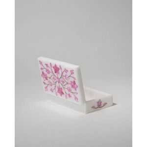 Marble Lotus White Inlaid Pink Floral Jewelry Trinket Box Decorative Keepsake
